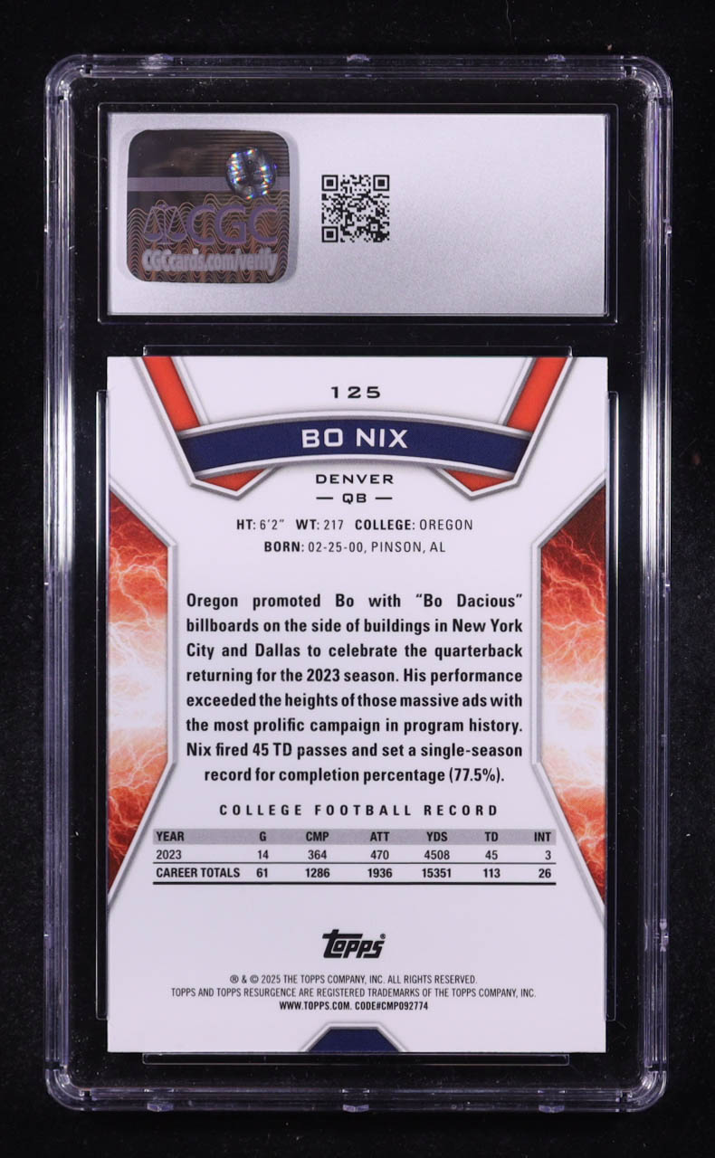 Bo Nix 2024 Topps Resurgence #125 RC (CGC 10) at PristineAuction.com Bo Nix 2024 Topps Resurgence #125 RC (CGC 10) at PristineAuction.com