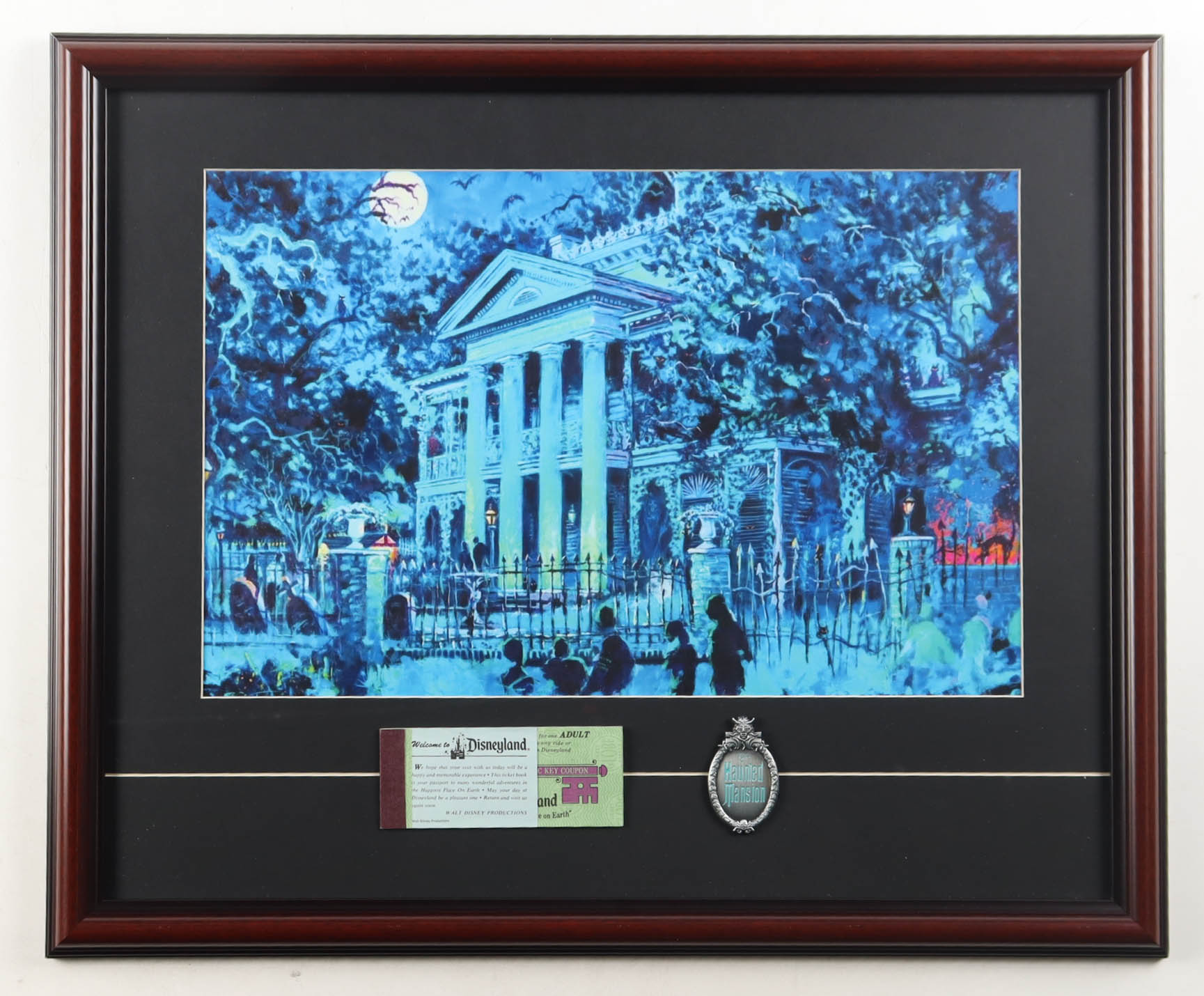 Disney's "Haunted Mansion" Custom Framed Art Print Display with Ticket Book & Retired Pin at PristineAuction.com Disney's "Haunted Mansion" Custom Framed Art Print Display with Ticket Book & Retired Pin at PristineAuction.com