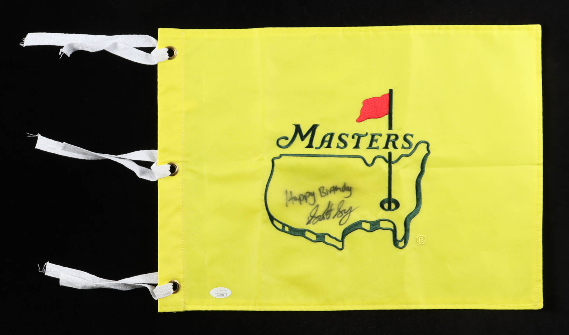 Scottie Scheffler Signed The Masters Tournament Pin Flag Inscribed "Happy Birthday" (JSA) at PristineAuction.com Scottie Scheffler Signed The Masters Tournament Pin Flag Inscribed "Happy Birthday" (JSA) at PristineAuction.com