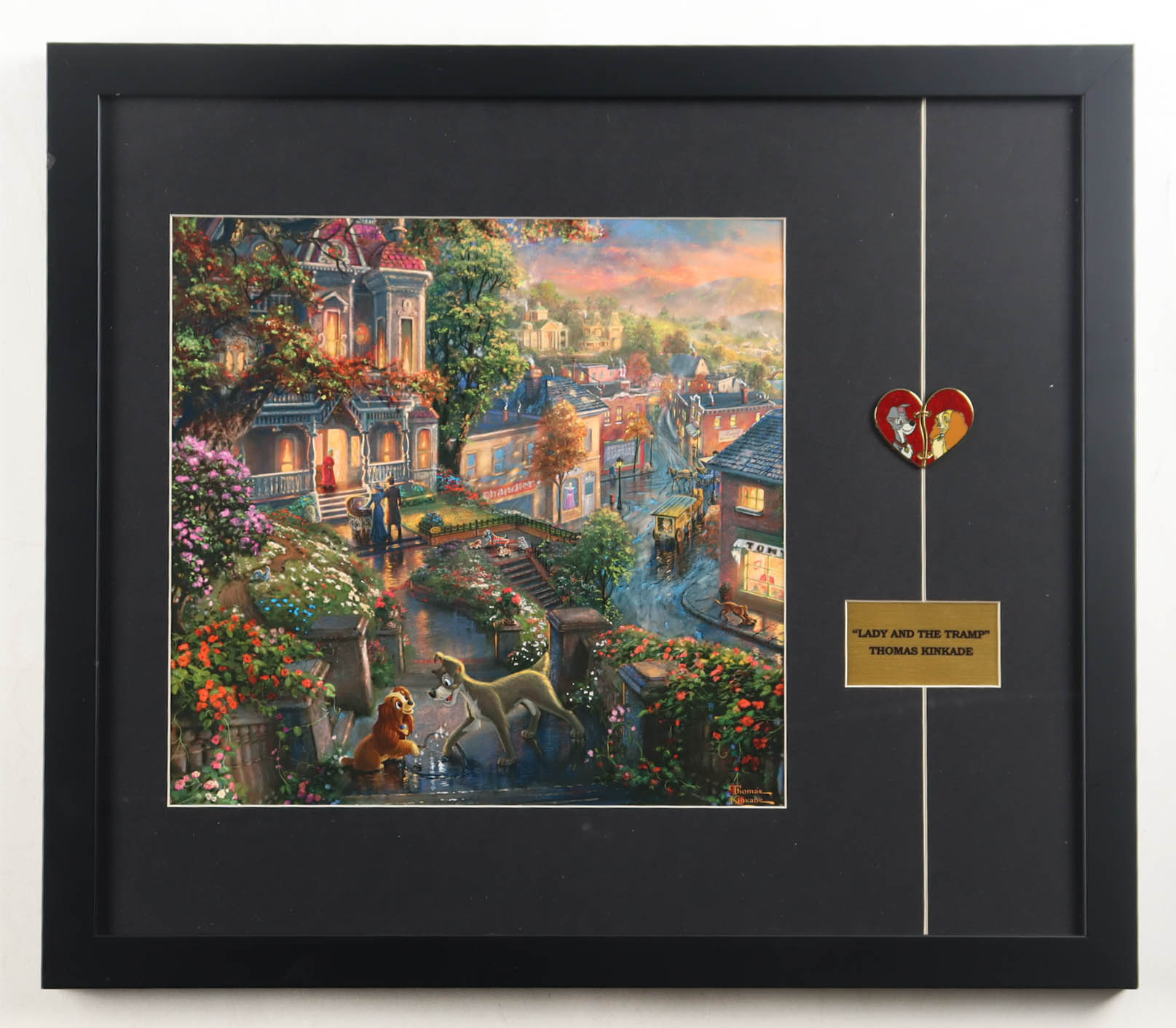 Thomas Kinkade "Lady and the Tramp" Custom Framed Print Display with Two-Piece Pin at PristineAuction.com Thomas Kinkade "Lady and the Tramp" Custom Framed Print Display with Two-Piece Pin at PristineAuction.com