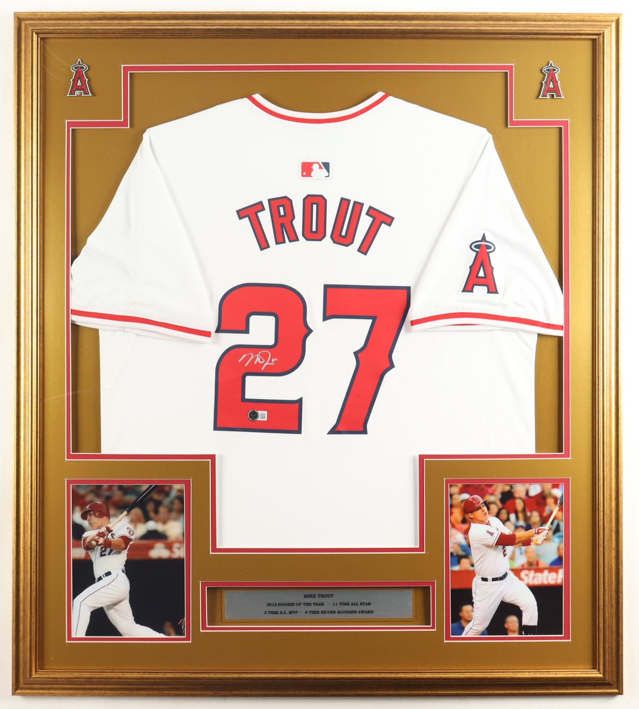 Mike Trout Signed Custom Framed Jersey Display with (2) Pins & Stat Plaque (Beckett) at PristineAuction.com Mike Trout Signed Custom Framed Jersey Display with (2) Pins & Stat Plaque (Beckett) at PristineAuction.com