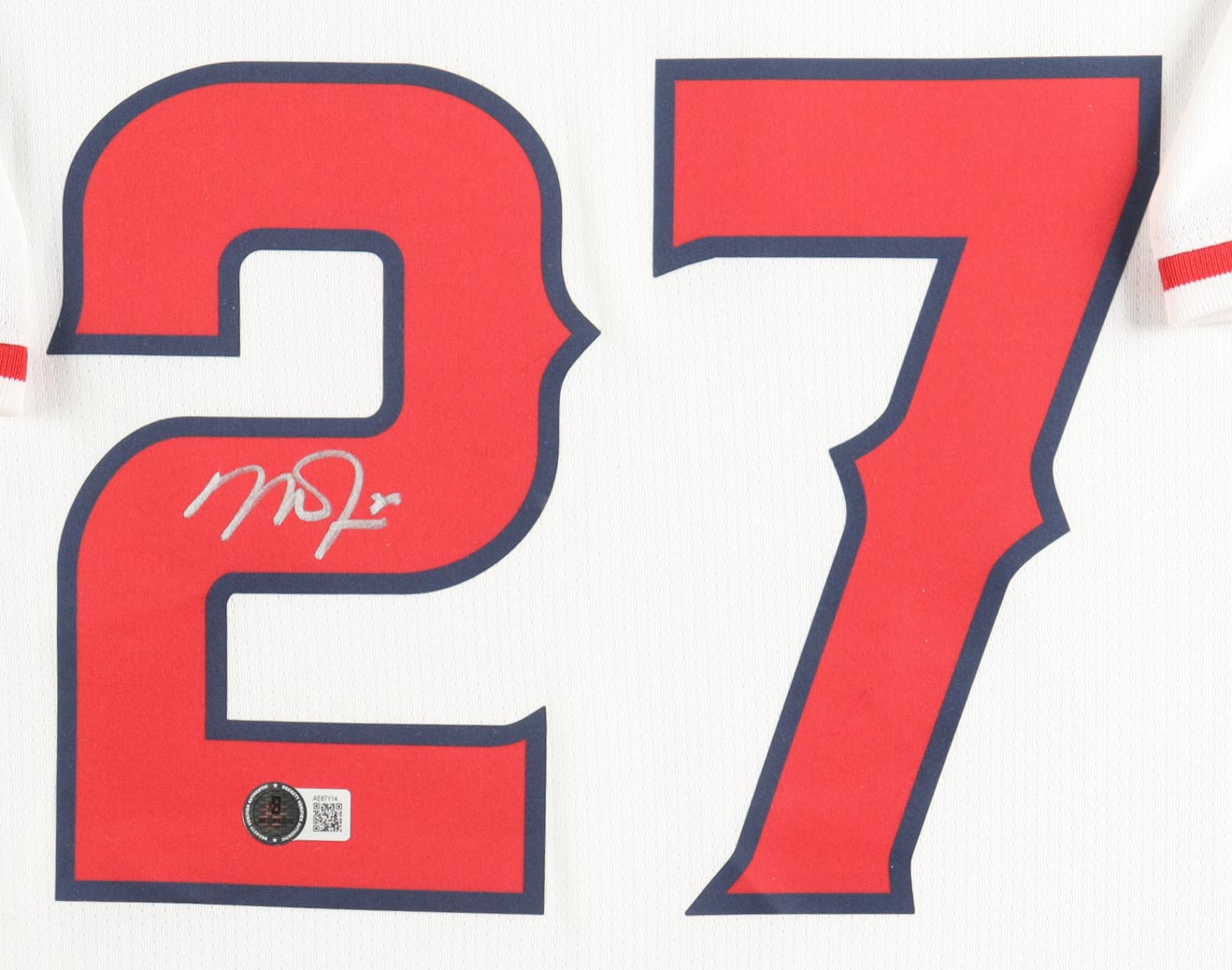 Mike Trout Signed Custom Framed Jersey Display with (2) Pins & Stat Plaque (Beckett) at PristineAuction.com Mike Trout Signed Custom Framed Jersey Display with (2) Pins & Stat Plaque (Beckett) at PristineAuction.com