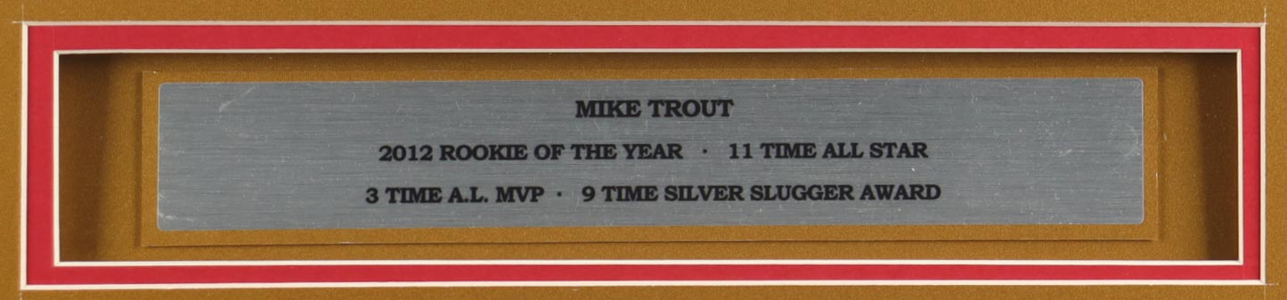 Mike Trout Signed Custom Framed Jersey Display with (2) Pins & Stat Plaque (Beckett) at PristineAuction.com Mike Trout Signed Custom Framed Jersey Display with (2) Pins & Stat Plaque (Beckett) at PristineAuction.com