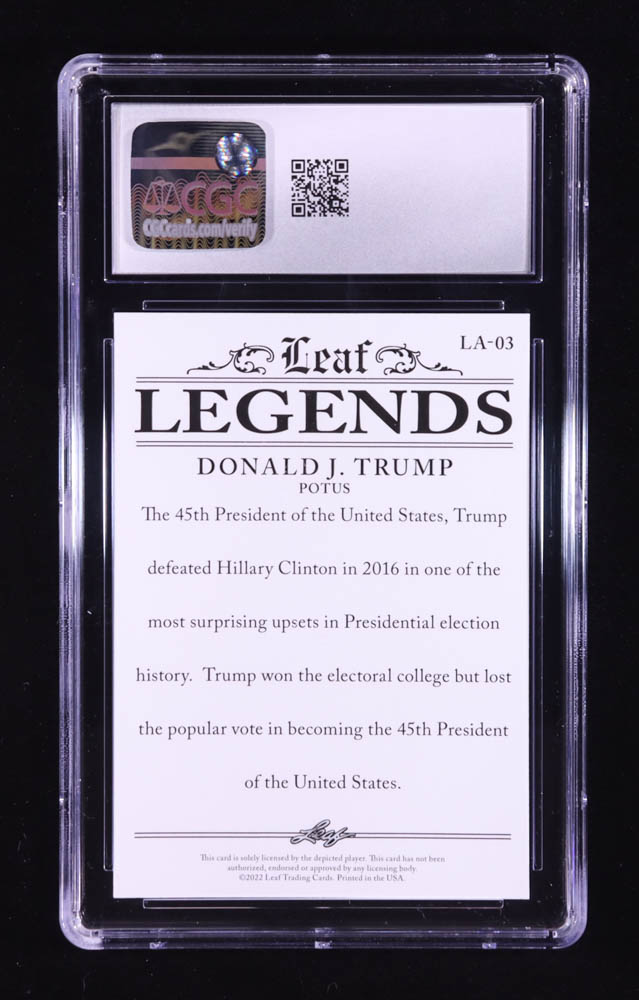 Donald J. Trump 2022 Leaf Special Release Legends Achievement #LA03 (CGC 10) at PristineAuction.com Donald J. Trump 2022 Leaf Special Release Legends Achievement #LA03 (CGC 10) at PristineAuction.com