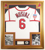 Stan Musial Signed Custom Framed Cut Display with Jersey & Musial Lapel Pin (PSA) at PristineAuction.com