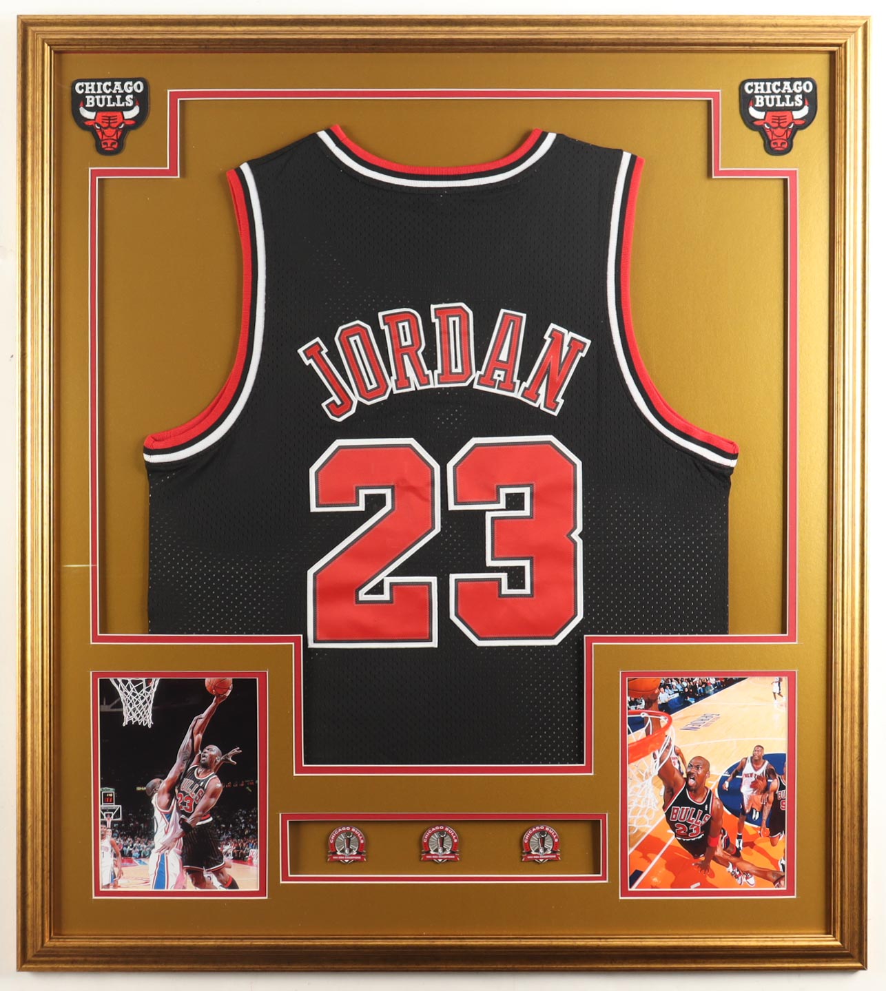 Michael Jordan Custom Framed Jersey Display With (3) Championship Pins at PristineAuction.com Michael Jordan Custom Framed Jersey Display With (3) Championship Pins at PristineAuction.com