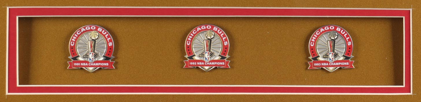 Michael Jordan Custom Framed Jersey Display With (3) Championship Pins at PristineAuction.com Michael Jordan Custom Framed Jersey Display With (3) Championship Pins at PristineAuction.com