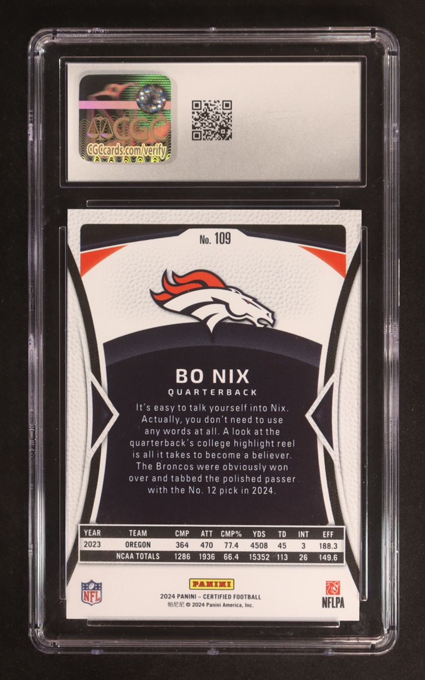 Bo Nix 2024 Certified Mirror Red #109 RC #085/100 (CGC 10) at PristineAuction.com Bo Nix 2024 Certified Mirror Red #109 RC #085/100 (CGC 10) at PristineAuction.com