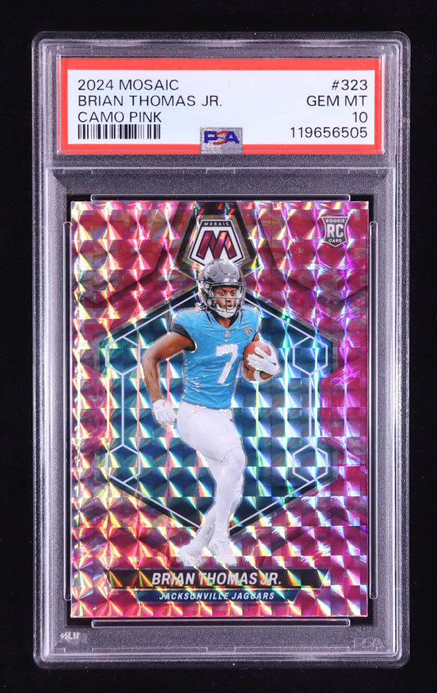 Brian Thomas Jr. 2024 Panini Mosaic Mosaic Camo Pink #323 RC (PSA 10) at PristineAuction.com Brian Thomas Jr. 2024 Panini Mosaic Mosaic Camo Pink #323 RC (PSA 10) at PristineAuction.com