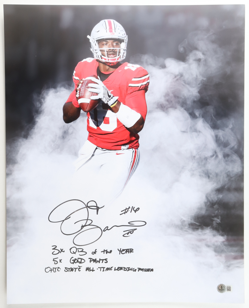 J.T. Barrett Signed Ohio State Buckeyes 16x20 Photo Inscribed "3x QB of the Year", "5x Gold Pants" & "Ohio State All-Time Leading Passer" (Beckett) at PristineAuction.com J.T. Barrett Signed Ohio State Buckeyes 16x20 Photo Inscribed "3x QB of the Year", "5x Gold Pants" & "Ohio State All-Time Leading Passer" (Beckett) at PristineAuction.com