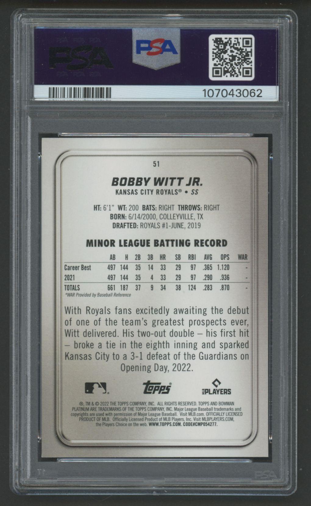 Bobby Witt Jr. 2022 Bowman Platinum #51 RC (PSA 9) at PristineAuction.com Bobby Witt Jr. 2022 Bowman Platinum #51 RC (PSA 9) at PristineAuction.com