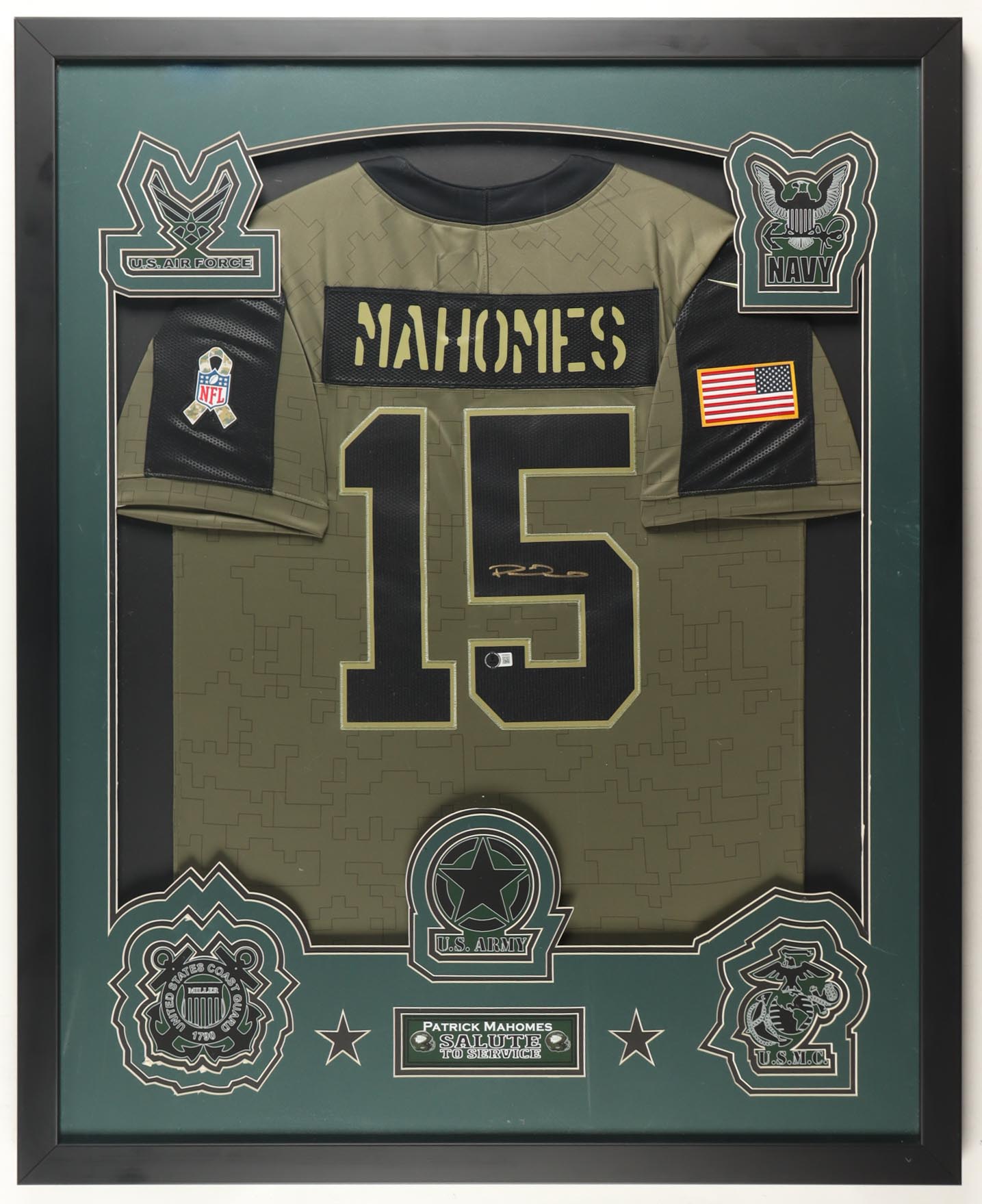 Patrick Mahomes Signed Chiefs Custom Framed Nike Salute to Service Alternate Jersey Display (Beckett) at PristineAuction.com Patrick Mahomes Signed Chiefs Custom Framed Nike Salute to Service Alternate Jersey Display (Beckett) at PristineAuction.com
