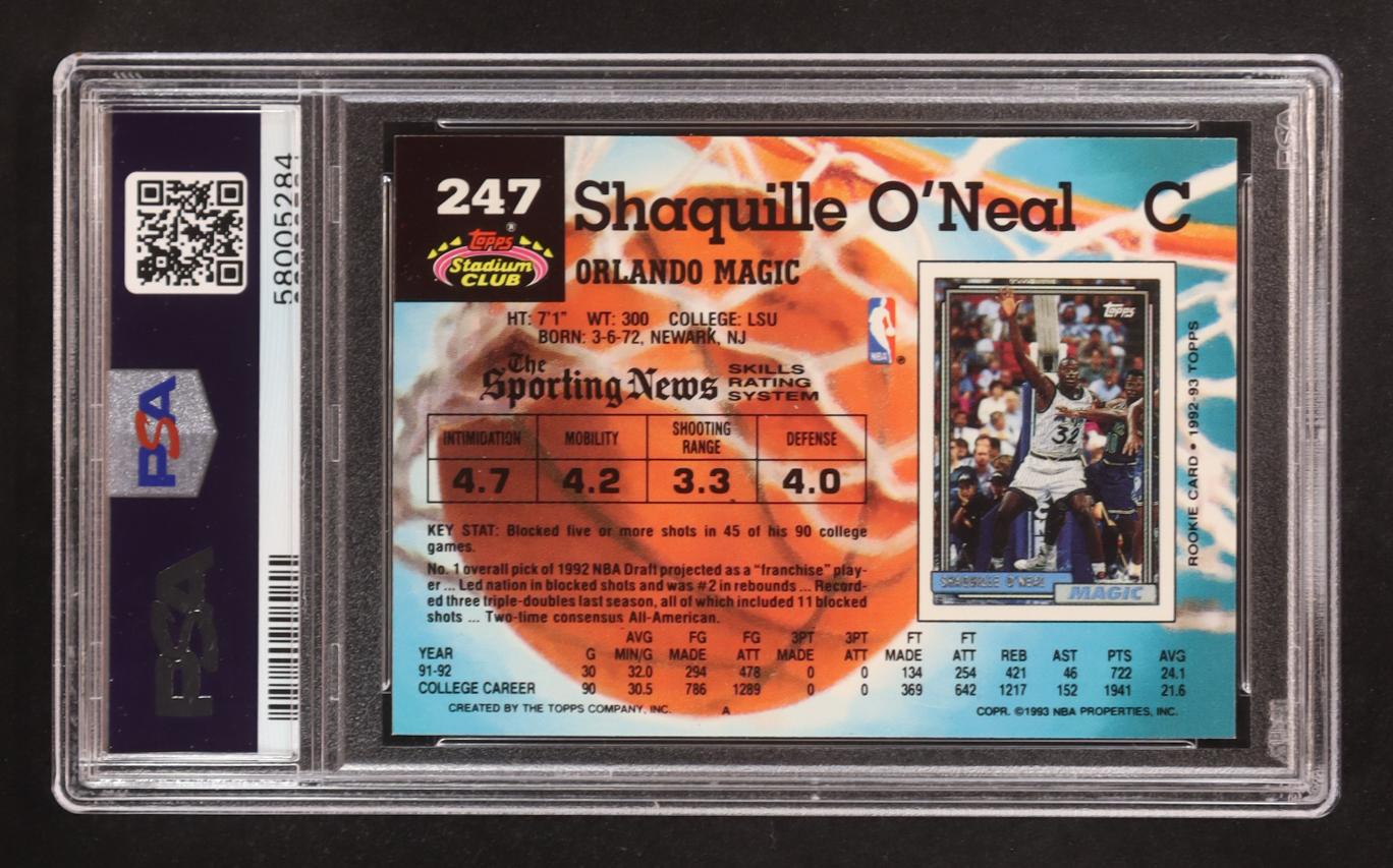 Shaquille O'Neal 1992-93 Stadium Club #247 RC (PSA 9) at PristineAuction.com Shaquille O'Neal 1992-93 Stadium Club #247 RC (PSA 9) at PristineAuction.com