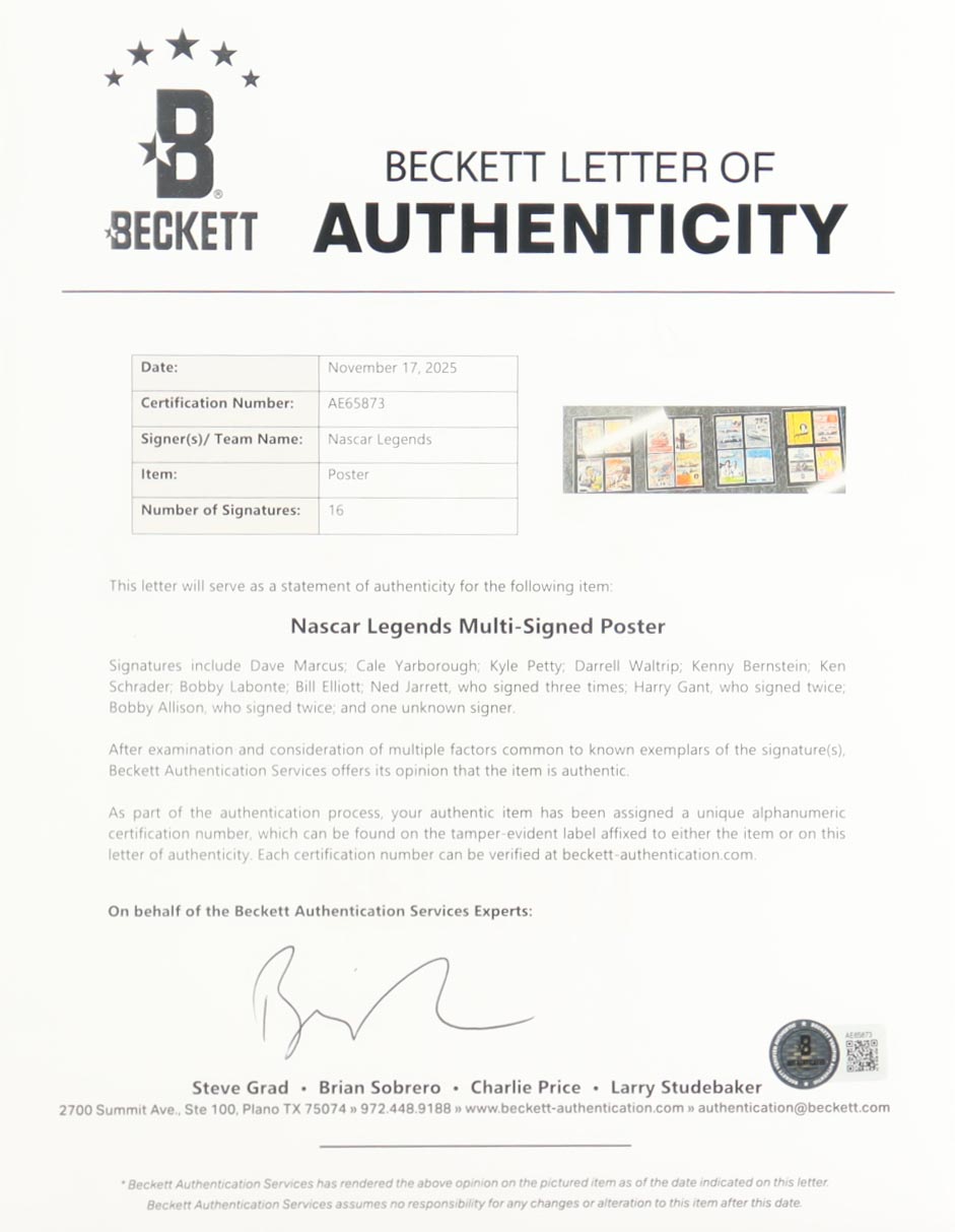 Nascar Legends | Custom Framed Display Signed by (16) with Darrell Waltrip, Bobby Labonte, Cale Yarborough (Beckett) at PristineAuction.com Nascar Legends | Custom Framed Display Signed by (16) with Darrell Waltrip, Bobby Labonte, Cale Yarborough (Beckett) at PristineAuction.com