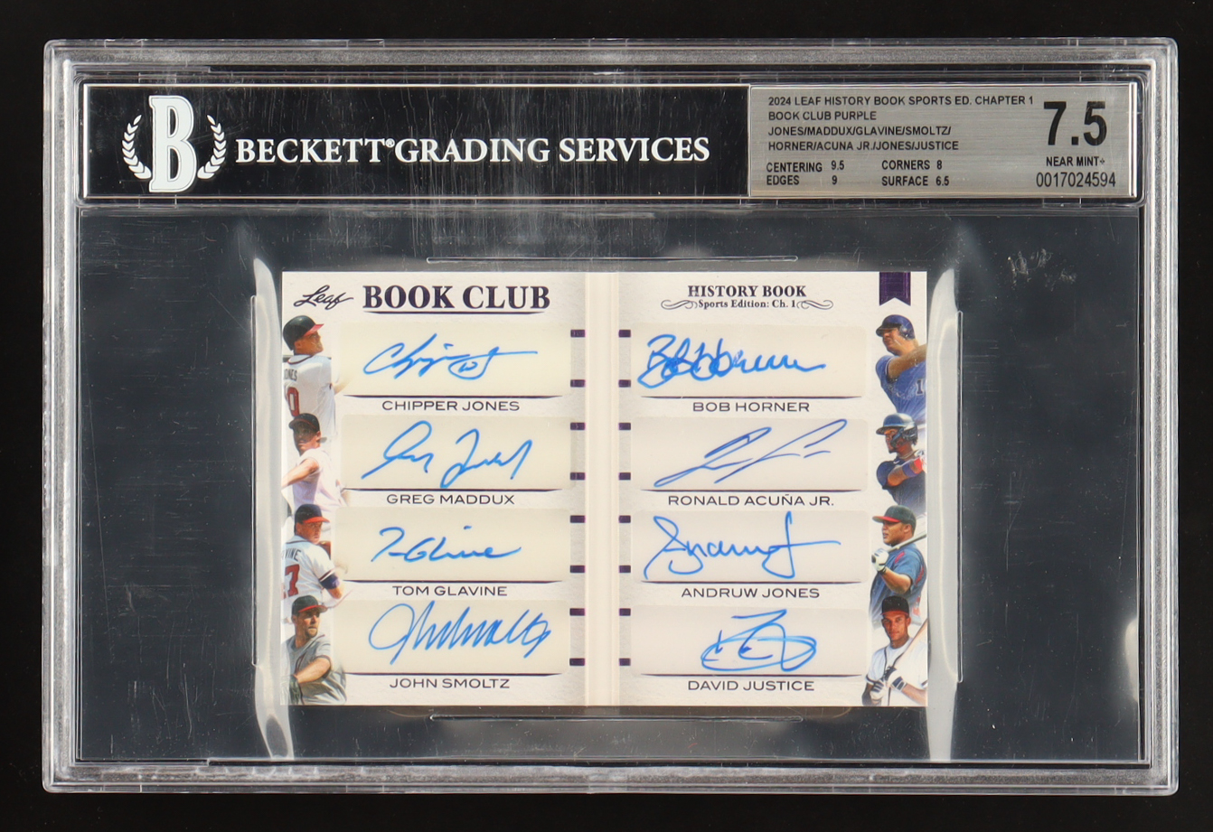 Jones / Maddux / Glavine / Smoltz / Horner / Acuna Jr. / Jones / Justice 2024 Leaf History Book Sports Edition Ch. 1 Book Club Purple Autographs #BC-1 #02/10 (BGS 7.5) at PristineAuction.com Jones / Maddux / Glavine / Smoltz / Horner / Acuna Jr. / Jones / Justice 2024 Leaf History Book Sports Edition Ch. 1 Book Club Purple Autographs #BC-1 #02/10 (BGS 7.5) at PristineAuction.com