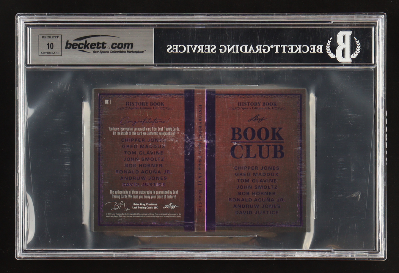 Jones / Maddux / Glavine / Smoltz / Horner / Acuna Jr. / Jones / Justice 2024 Leaf History Book Sports Edition Ch. 1 Book Club Purple Autographs #BC-1 #02/10 (BGS 7.5) at PristineAuction.com Jones / Maddux / Glavine / Smoltz / Horner / Acuna Jr. / Jones / Justice 2024 Leaf History Book Sports Edition Ch. 1 Book Club Purple Autographs #BC-1 #02/10 (BGS 7.5) at PristineAuction.com