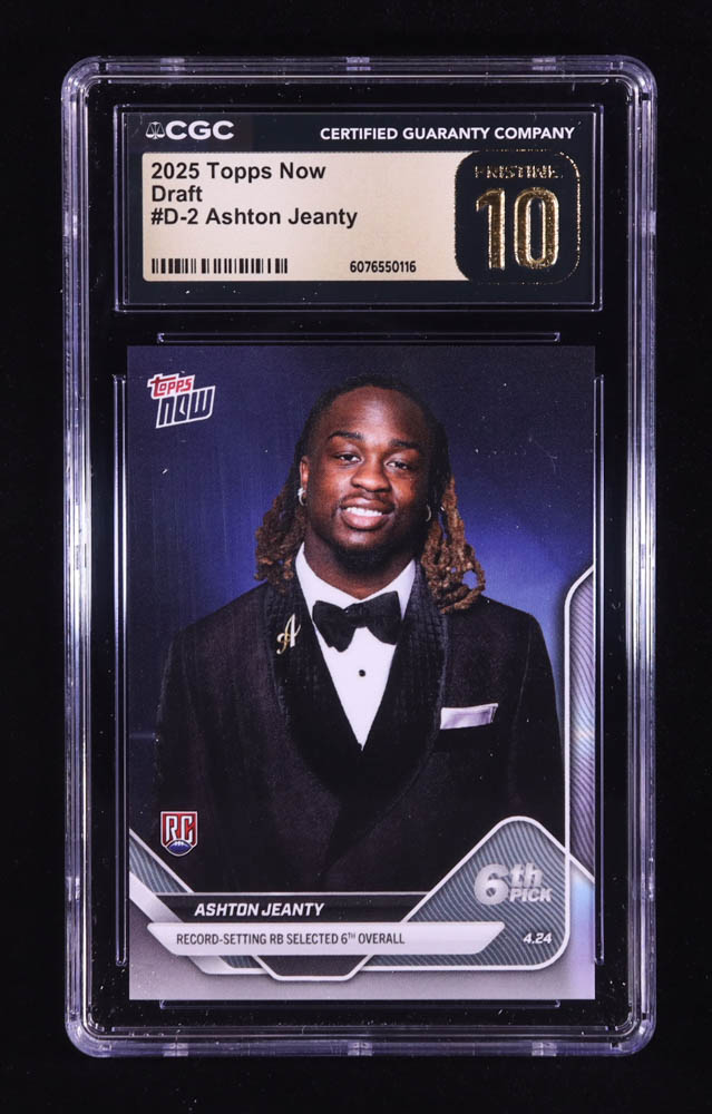 Ashton Jeanty 2025 Topps Now Draft #D2 RC (CGC 10 | Pristine Black Label) at PristineAuction.com Ashton Jeanty 2025 Topps Now Draft #D2 RC (CGC 10 | Pristine Black Label) at PristineAuction.com