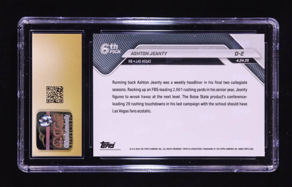 Ashton Jeanty 2025 Topps Now Draft #D2 RC (CGC 10 | Pristine Black Label) at PristineAuction.com Ashton Jeanty 2025 Topps Now Draft #D2 RC (CGC 10 | Pristine Black Label) at PristineAuction.com