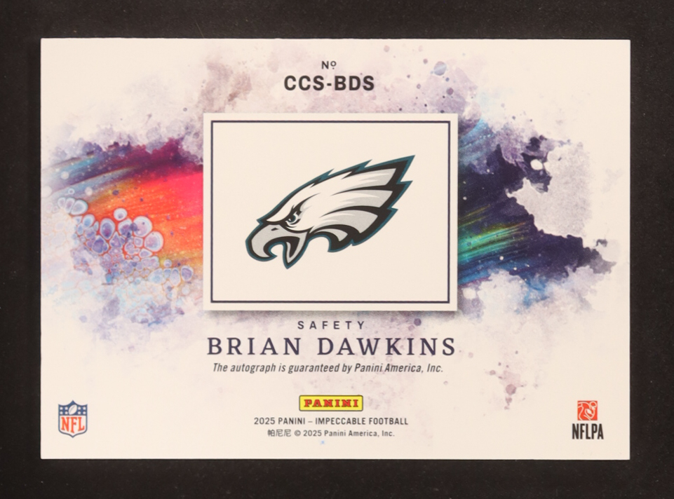 Brian Dawkins 2025 Panini Impeccable Canvas Creations Signatures Silver #10 #09/49 at PristineAuction.com Brian Dawkins 2025 Panini Impeccable Canvas Creations Signatures Silver #10 #09/49 at PristineAuction.com