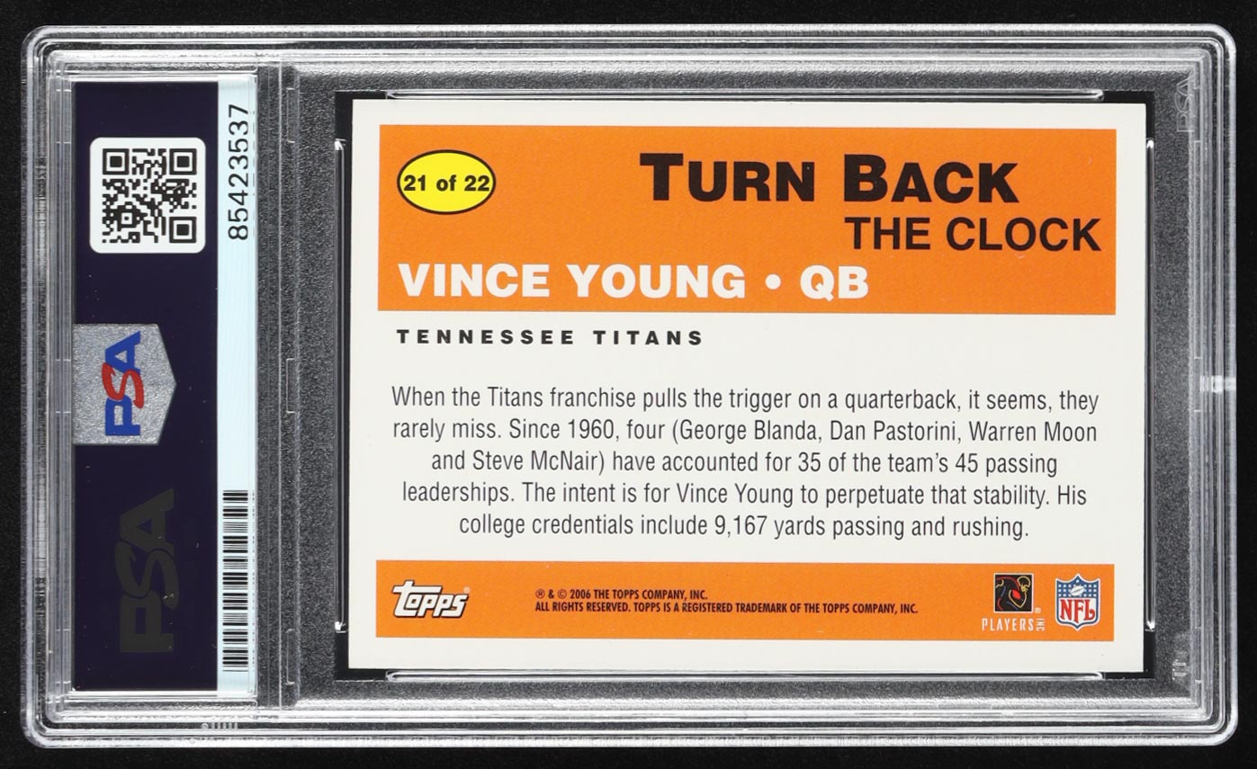 Vince Young Signed 2006 Topps Turn Back the Clock #21 RC (PSA) at PristineAuction.com Vince Young Signed 2006 Topps Turn Back the Clock #21 RC (PSA) at PristineAuction.com
