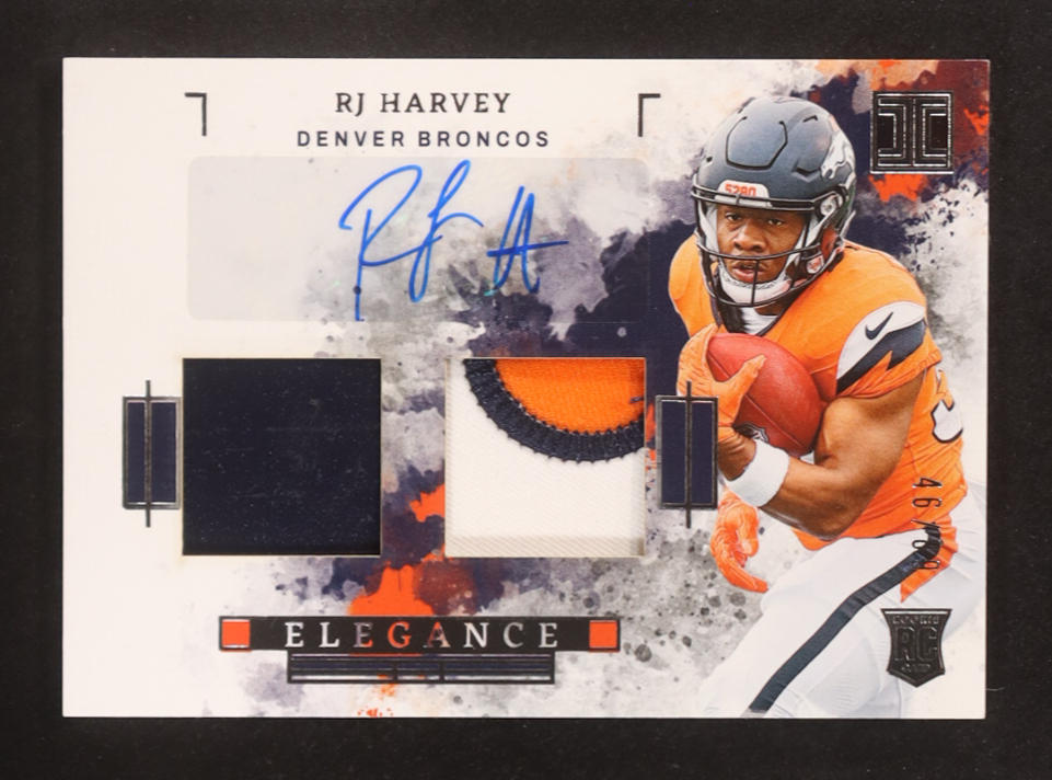 RJ Harvey 2025 Panini Impeccable Elegance Rookie Helmet and Patch Autographs #10 RC #46/89 at PristineAuction.com RJ Harvey 2025 Panini Impeccable Elegance Rookie Helmet and Patch Autographs #10 RC #46/89 at PristineAuction.com