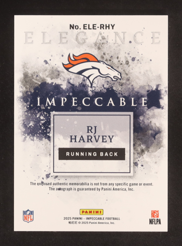 RJ Harvey 2025 Panini Impeccable Elegance Rookie Helmet and Patch Autographs #10 RC #46/89 at PristineAuction.com RJ Harvey 2025 Panini Impeccable Elegance Rookie Helmet and Patch Autographs #10 RC #46/89 at PristineAuction.com