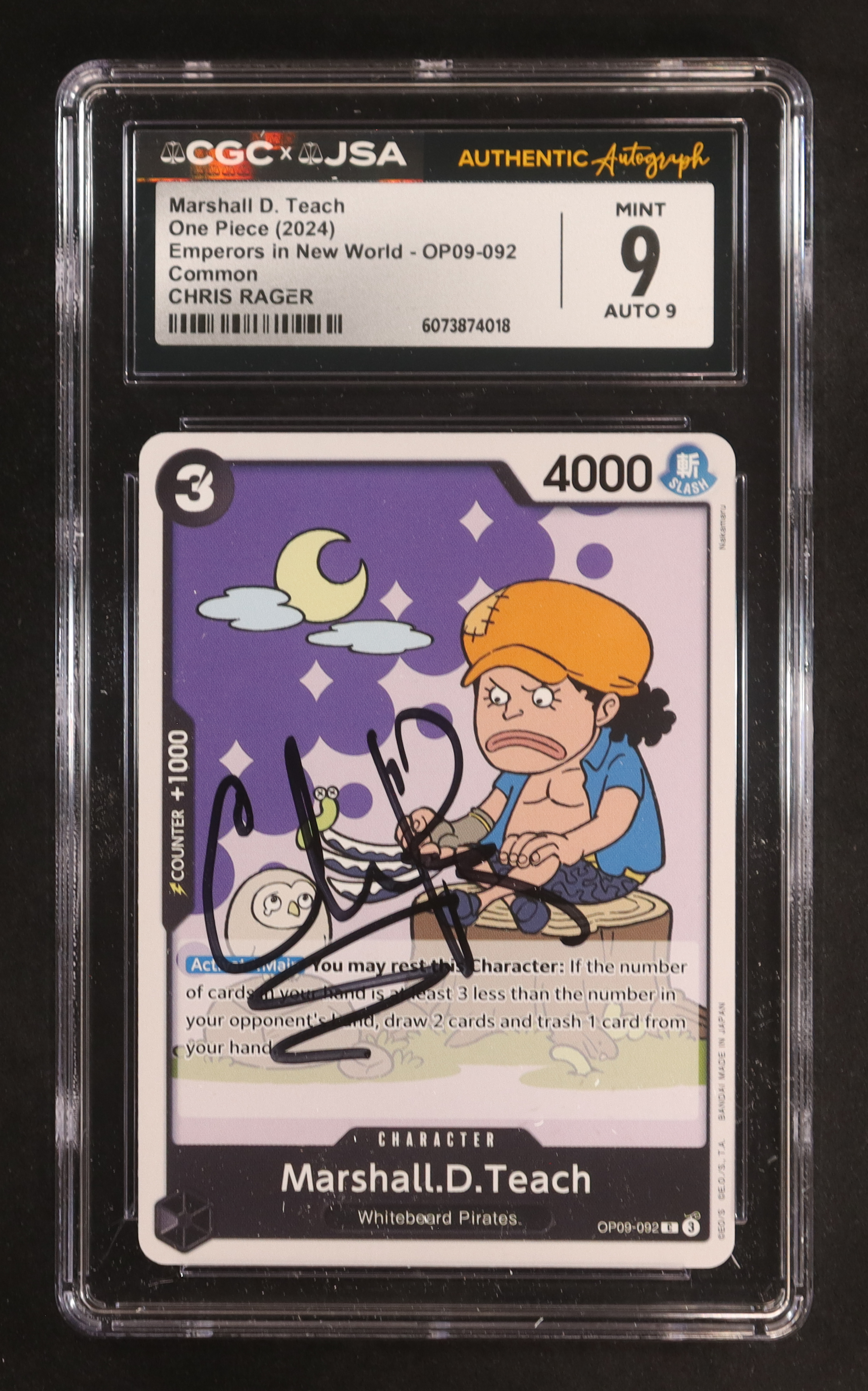 Chris Rager Signed 2024 One Piece Card Game Emperors in New World Marshall D. Teach C #OP09-092 (CGC 9 | Autograph Graded CGC 9) at PristineAuction.com Chris Rager Signed 2024 One Piece Card Game Emperors in New World Marshall D. Teach C #OP09-092 (CGC 9 | Autograph Graded CGC 9) at PristineAuction.com