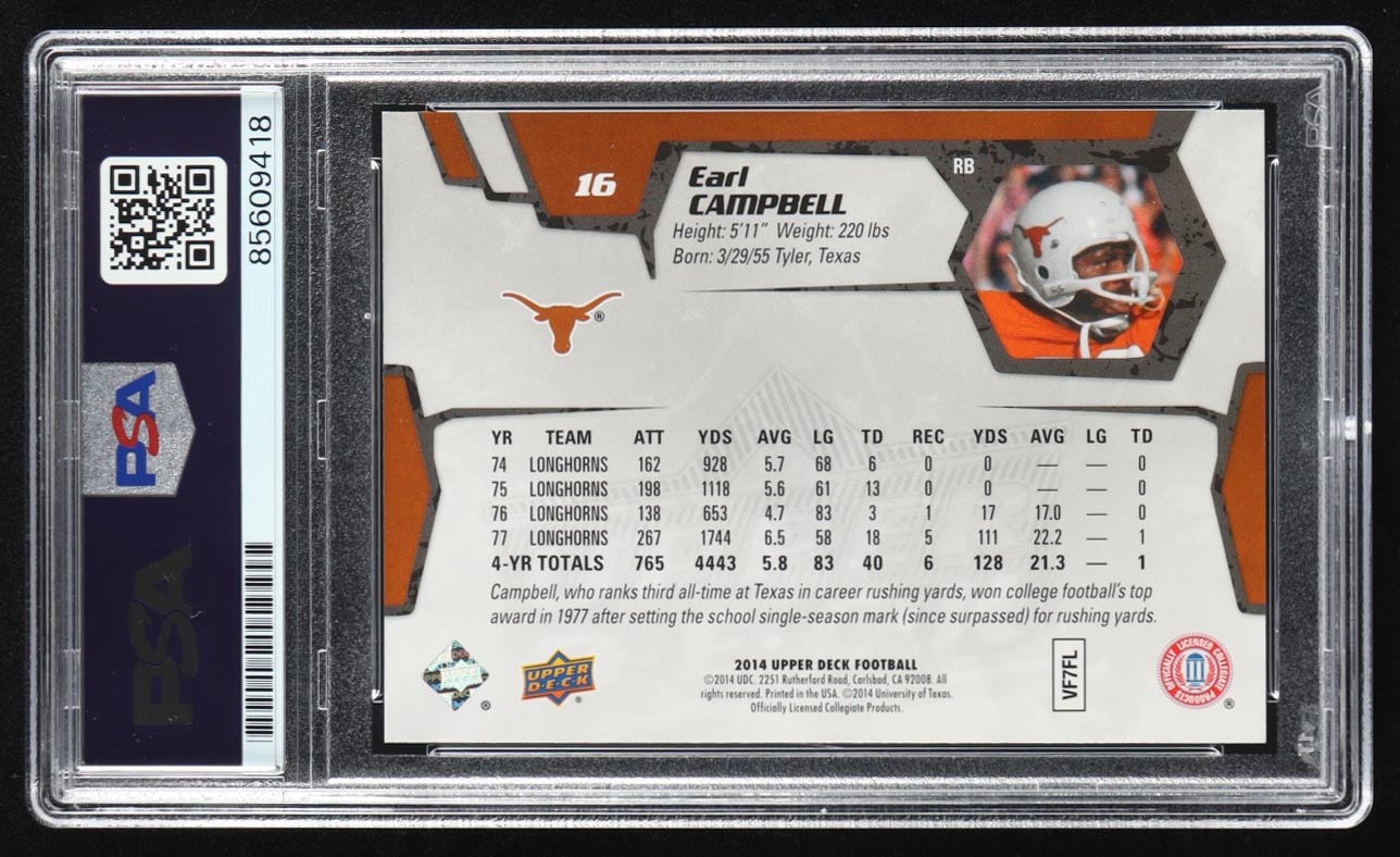 Earl Campbell Signed 2014 Upper Deck #16 (PSA) at PristineAuction.com Earl Campbell Signed 2014 Upper Deck #16 (PSA) at PristineAuction.com