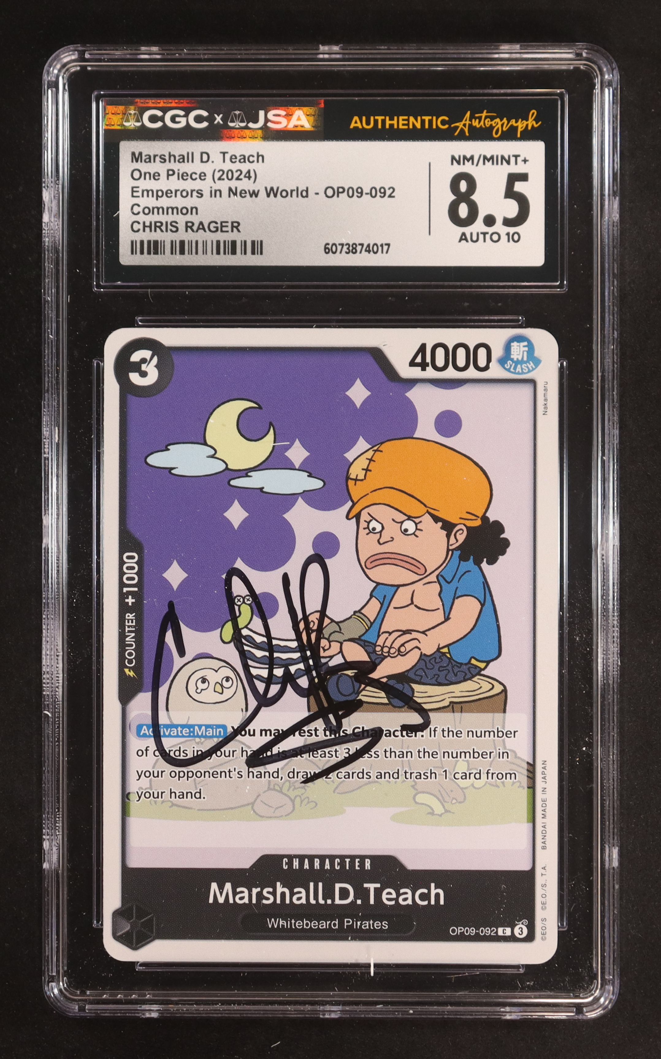 Chris Rager Signed 2024 One Piece Card Game Emperors in New World Marshall D. Teach C #OP09-092 (CGC 8.5 | Autograph Graded CGC 10) at PristineAuction.com Chris Rager Signed 2024 One Piece Card Game Emperors in New World Marshall D. Teach C #OP09-092 (CGC 8.5 | Autograph Graded CGC 10) at PristineAuction.com