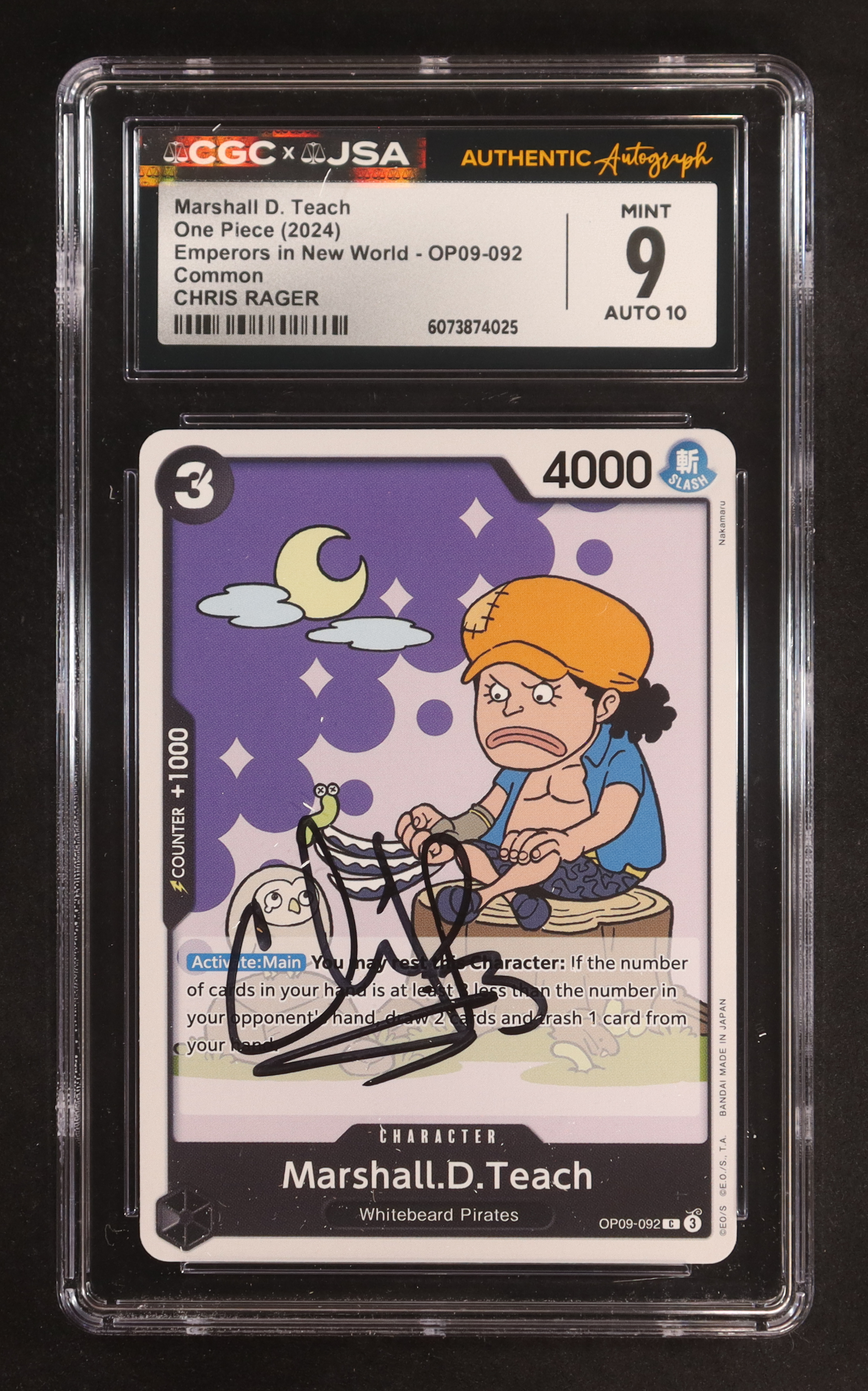 Chris Rager Signed 2024 One Piece Card Game Emperors in New World Marshall D. Teach C #OP09-092 (CGC 9 | Autograph Graded CGC 10) at PristineAuction.com Chris Rager Signed 2024 One Piece Card Game Emperors in New World Marshall D. Teach C #OP09-092 (CGC 9 | Autograph Graded CGC 10) at PristineAuction.com