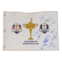 2025 Ryder Cup European Team Pin Flag Signed by (12) with Rory McIlroy, Justin Rose, Jon Rahm, Viktor Hovland, Sepp Straka (PSA) at PristineAuction.com
