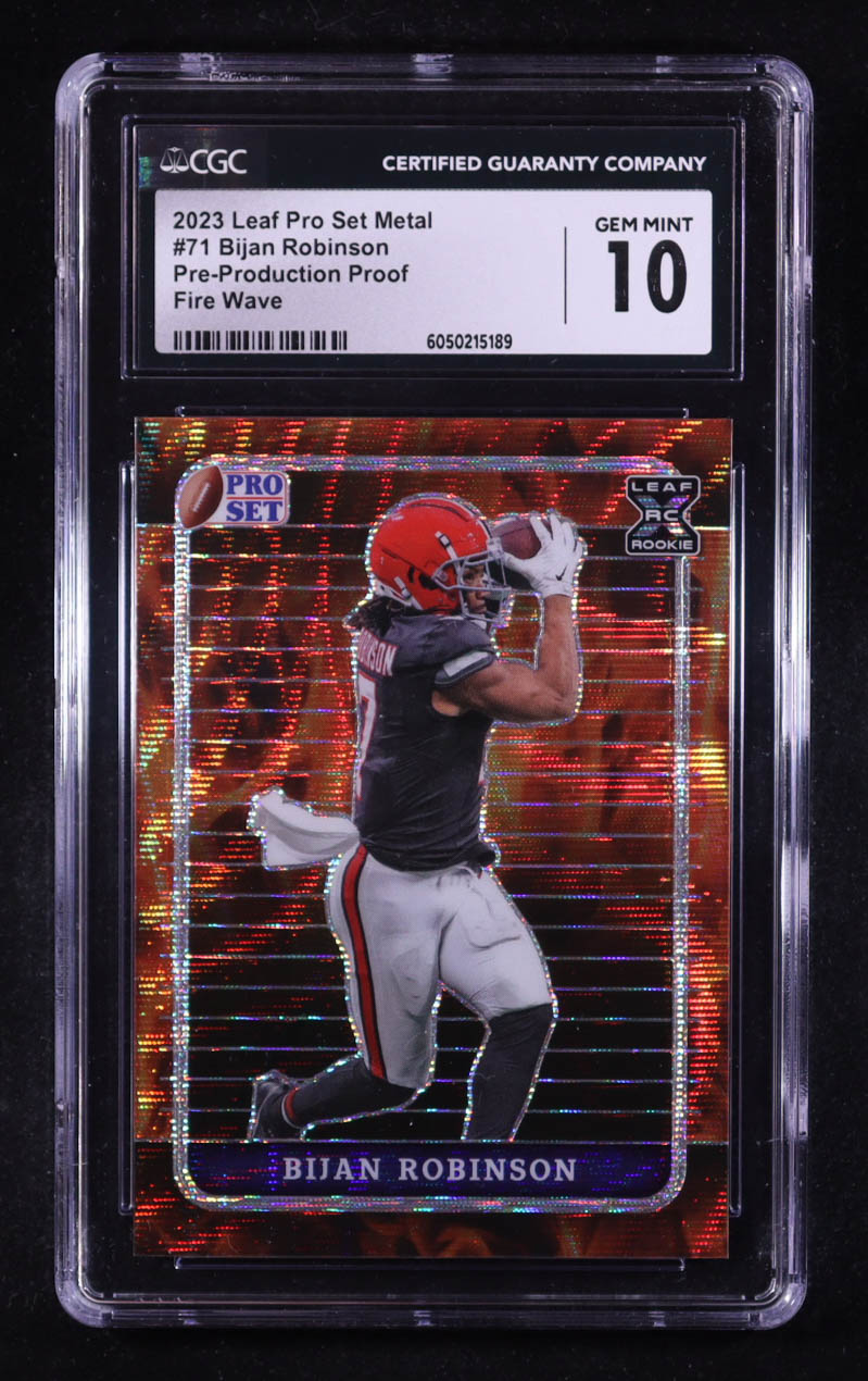 Bijan Robinson 2023 Leaf Pro Set Metal Wave Fire Pre-Production Proof #71 RC #1/1 (CGC 10) at PristineAuction.com Bijan Robinson 2023 Leaf Pro Set Metal Wave Fire Pre-Production Proof #71 RC #1/1 (CGC 10) at PristineAuction.com