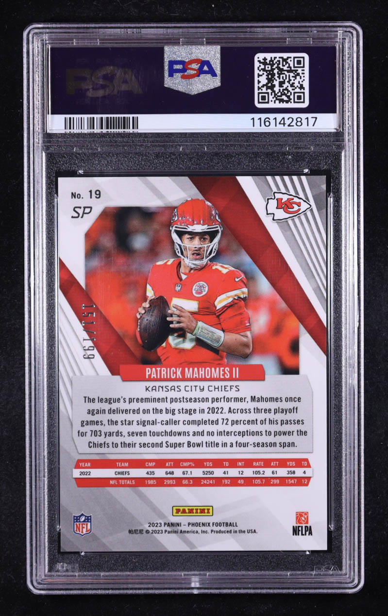 Patrick Mahomes II 2023 Panini Phoenix SP Red #19 #151/199 (PSA 10) at PristineAuction.com Patrick Mahomes II 2023 Panini Phoenix SP Red #19 #151/199 (PSA 10) at PristineAuction.com