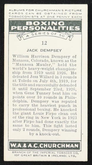 Jack Dempsey 1938 Churchman's Cigarettes #12 at PristineAuction.com Jack Dempsey 1938 Churchman's Cigarettes #12 at PristineAuction.com