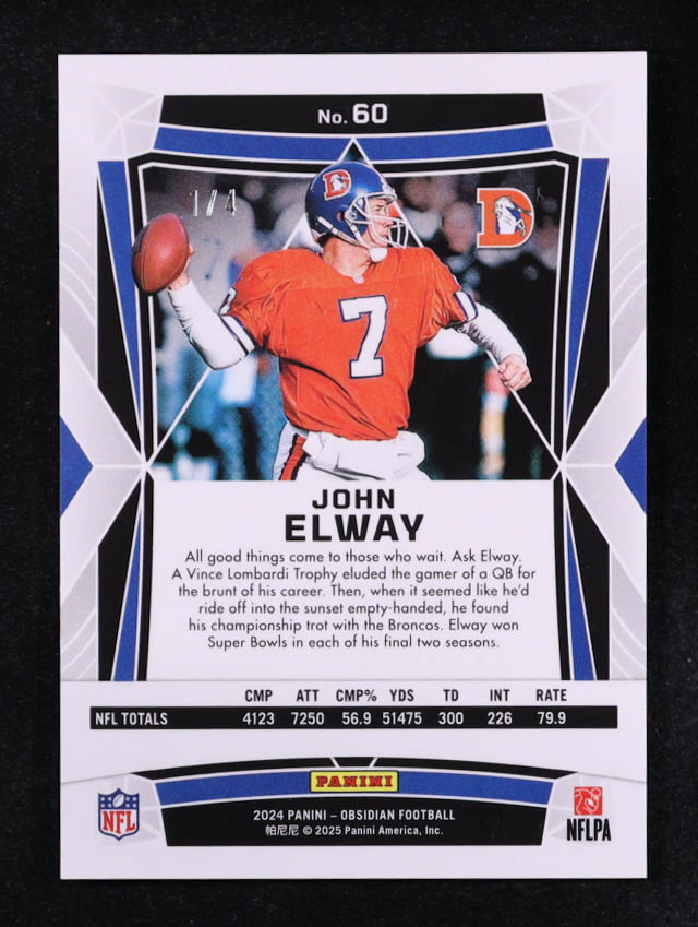 John Elway 2024 Panini Obsidian Neon FOTL #60 #1/4 at PristineAuction.com John Elway 2024 Panini Obsidian Neon FOTL #60 #1/4 at PristineAuction.com