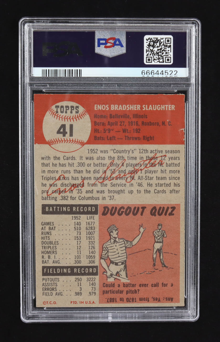 Enos Slaughter 1953 Topps #41 (PSA 4) at PristineAuction.com Enos Slaughter 1953 Topps #41 (PSA 4) at PristineAuction.com