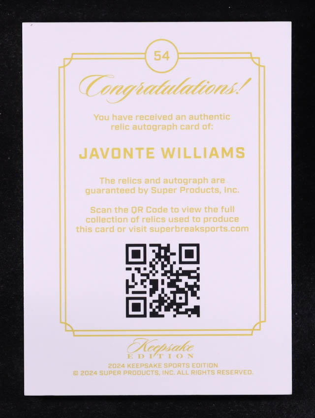 Javonte Williams 2024 Keepsake Edition Gem Patch Autograph #54 #32/75 RC at PristineAuction.com Javonte Williams 2024 Keepsake Edition Gem Patch Autograph #54 #32/75 RC at PristineAuction.com