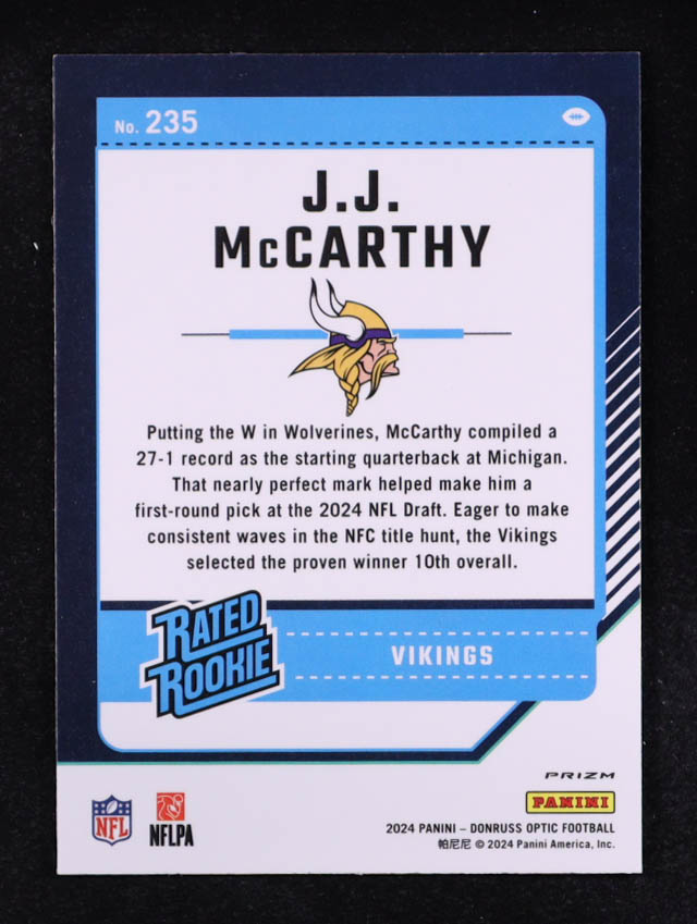 JJ McCarthy 2024 Donruss Optic Blue Hyper #235 RR RC at PristineAuction.com JJ McCarthy 2024 Donruss Optic Blue Hyper #235 RR RC at PristineAuction.com