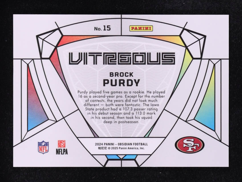 Brock Purdy 2024 Panini Obsidian Vitreous #15 at PristineAuction.com Brock Purdy 2024 Panini Obsidian Vitreous #15 at PristineAuction.com