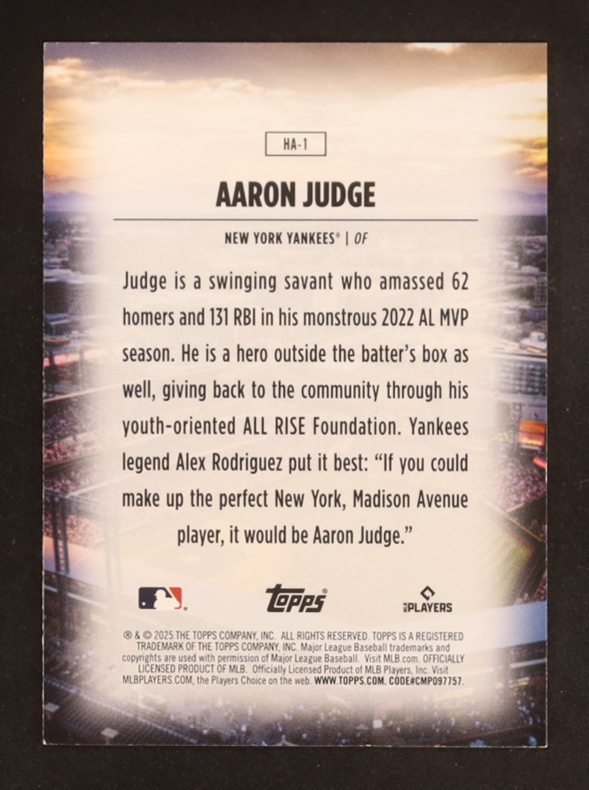 Aaron Judge 2025 Topps Home Field Advantage #HA1 at PristineAuction.com Aaron Judge 2025 Topps Home Field Advantage #HA1 at PristineAuction.com