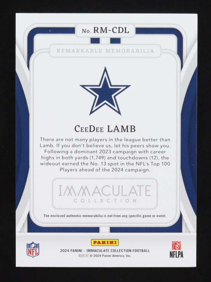 CeeDee Lamb 2024 Immaculate Collection Remarkable Memorabilia #21 #28/49 at PristineAuction.com CeeDee Lamb 2024 Immaculate Collection Remarkable Memorabilia #21 #28/49 at PristineAuction.com