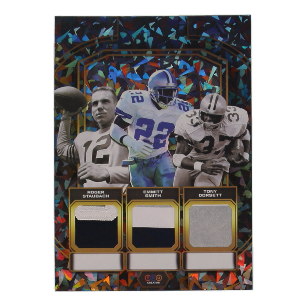 Roger Staubach / Emmitt Smith / Tony Dorsett 2024 TruCreator Jumbo Cracked Ice Materials #TJCRSESTD at PristineAuction.com