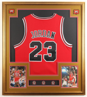 Michael Jordan Custom Framed Jersey Display With (3) Championship Pins at PristineAuction.com