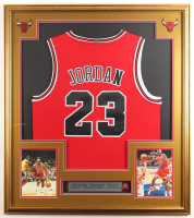 Michael Jordan Custom Framed Jersey Display with Champion Pin & Career Stat Plaque at PristineAuction.com