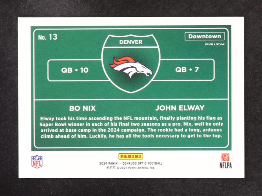 Bo Nix RC / John Elway 2024 Donruss Optic Downtown Duos #13 RC at PristineAuction.com Bo Nix RC / John Elway 2024 Donruss Optic Downtown Duos #13 RC at PristineAuction.com