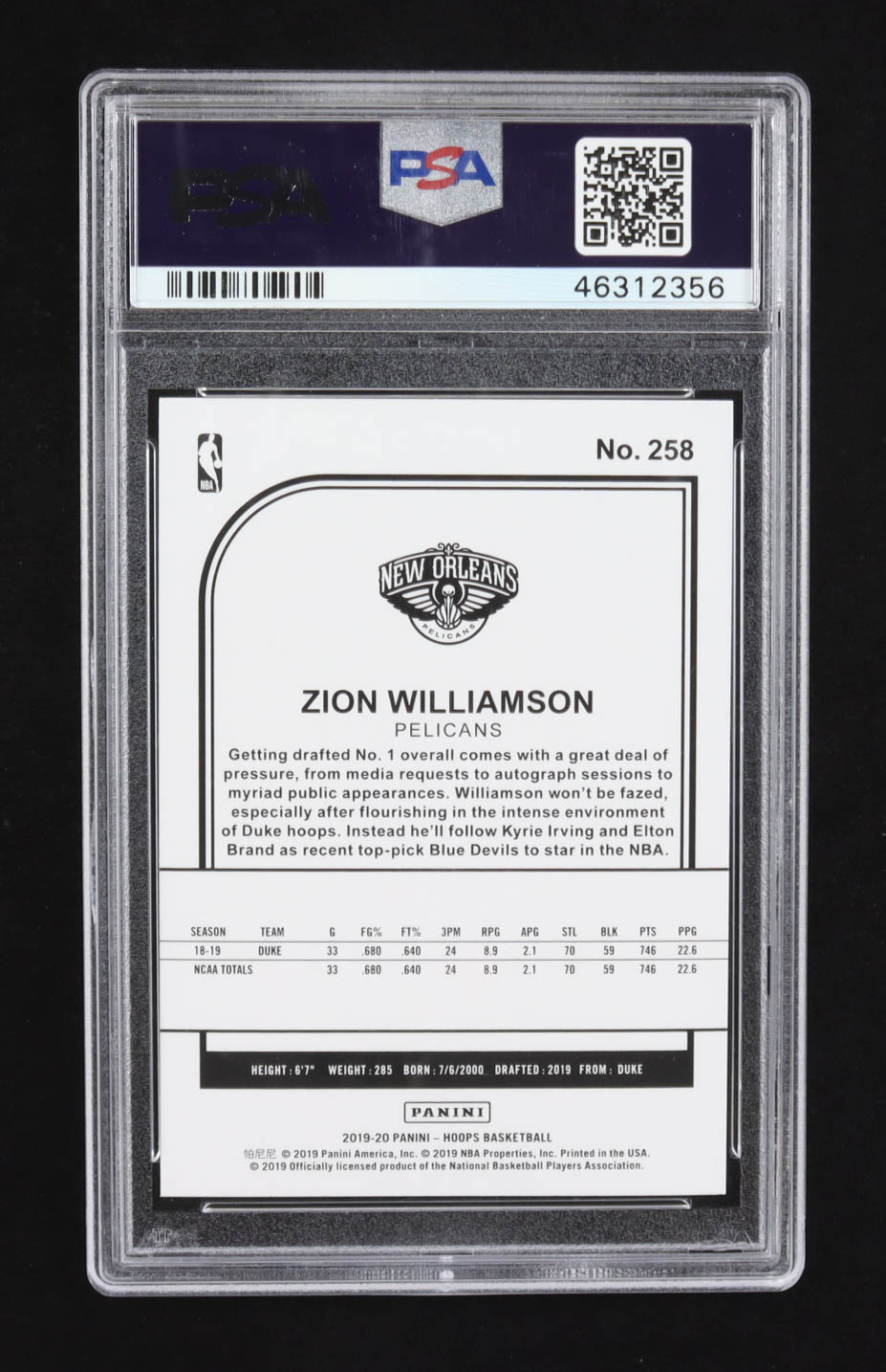 Zion Williamson 2019-20 Hoops #258 RC (PSA 10) at PristineAuction.com Zion Williamson 2019-20 Hoops #258 RC (PSA 10) at PristineAuction.com