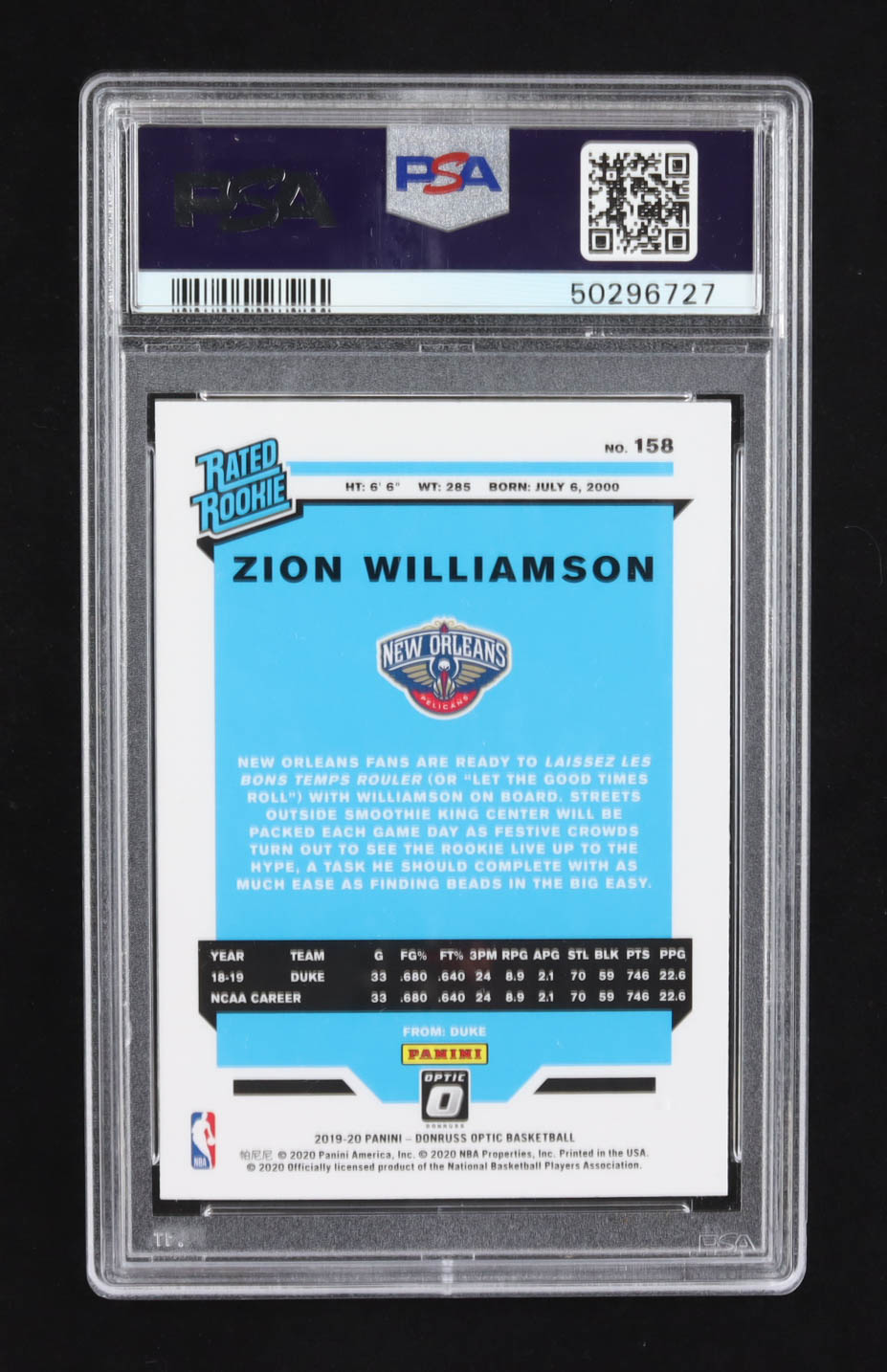 Zion Williamson 2019-20 Donruss Optic #158 RR RC (PSA 10) at PristineAuction.com Zion Williamson 2019-20 Donruss Optic #158 RR RC (PSA 10) at PristineAuction.com