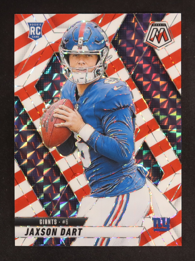 Jaxson Dart 2025 Panini Mosaic Mosaic Red and White Stripe #362 RC at PristineAuction.com Jaxson Dart 2025 Panini Mosaic Mosaic Red and White Stripe #362 RC at PristineAuction.com