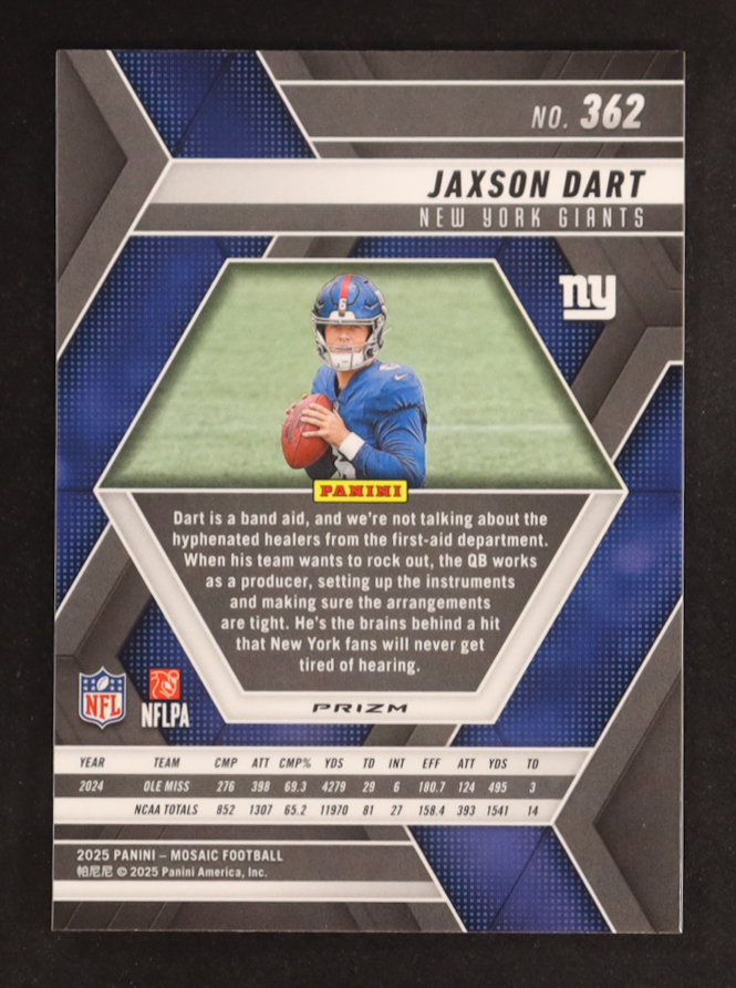 Jaxson Dart 2025 Panini Mosaic Mosaic Red and White Stripe #362 RC at PristineAuction.com Jaxson Dart 2025 Panini Mosaic Mosaic Red and White Stripe #362 RC at PristineAuction.com