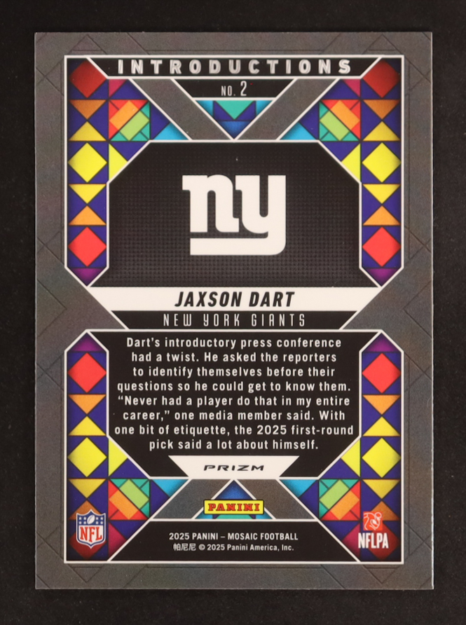 Jaxson Dart 2025 Panini Mosaic Introductions Silver #2 RC at PristineAuction.com Jaxson Dart 2025 Panini Mosaic Introductions Silver #2 RC at PristineAuction.com